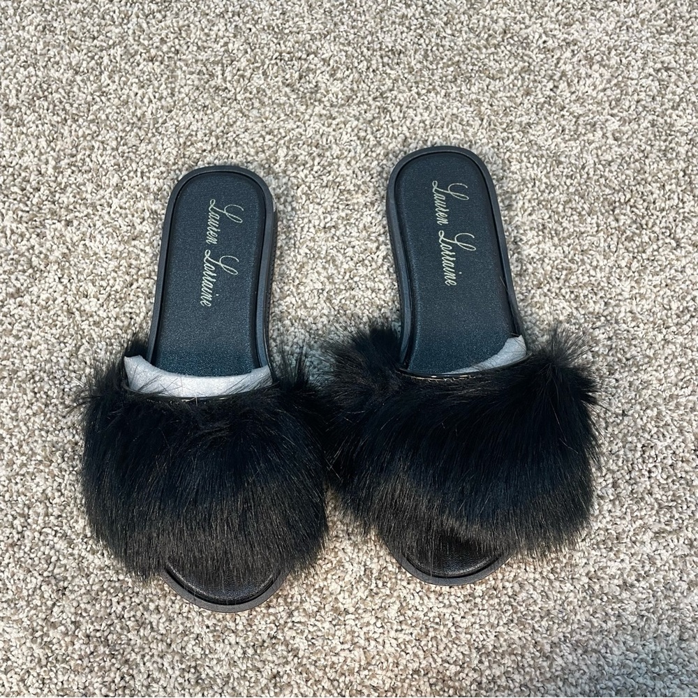 Luxurious Black Fur Slippers by Lauren Lorraine